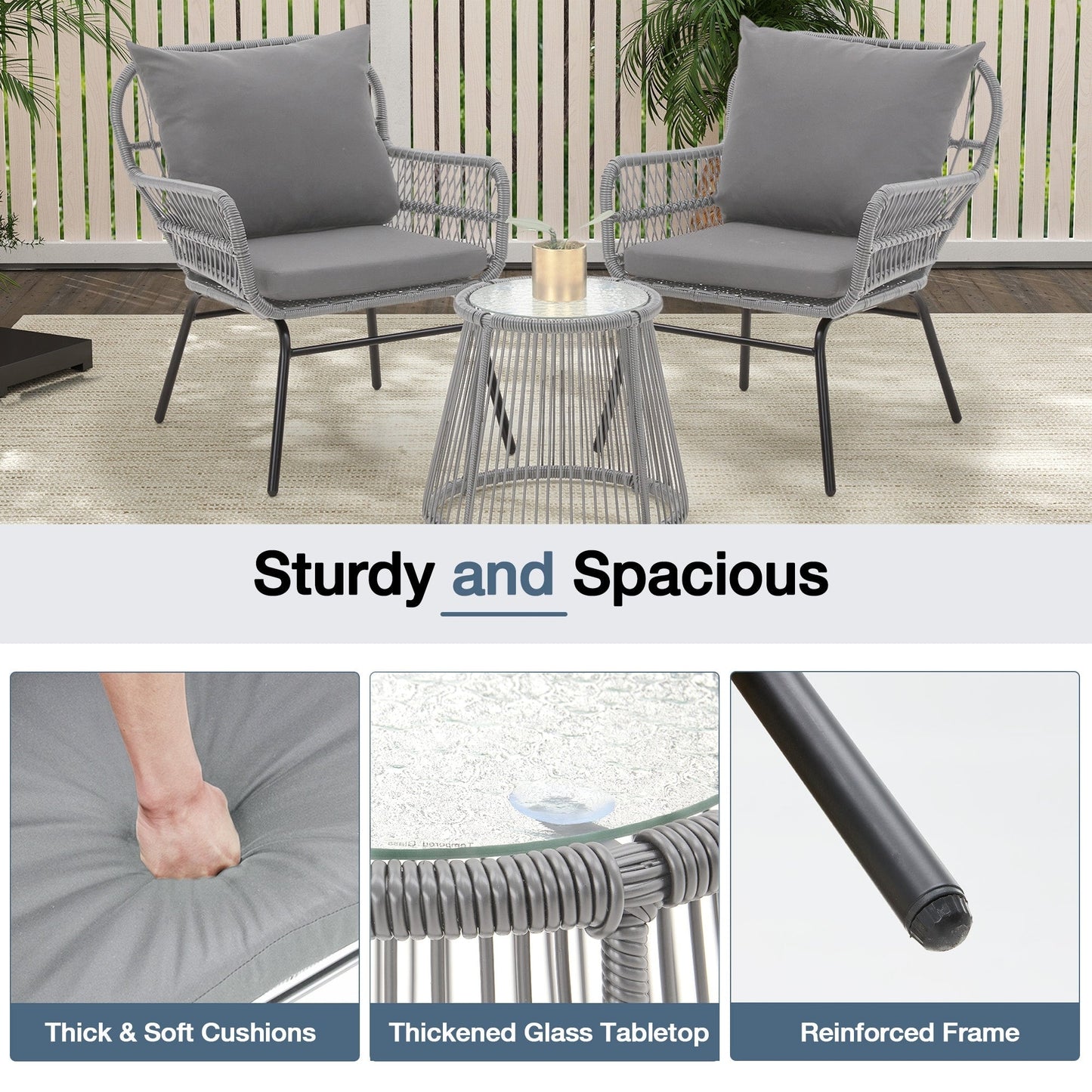 Set da conversazione per patio EROMMY da 3 pezzi con tavolo in vetro e 2 poltrone, cuscini per seduta