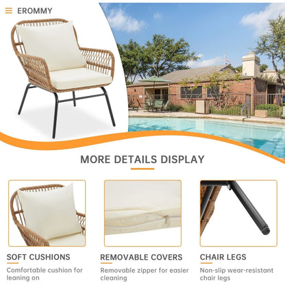 Set da conversazione per patio EROMMY da 3 pezzi con tavolo in vetro e 2 poltrone, cuscini per seduta