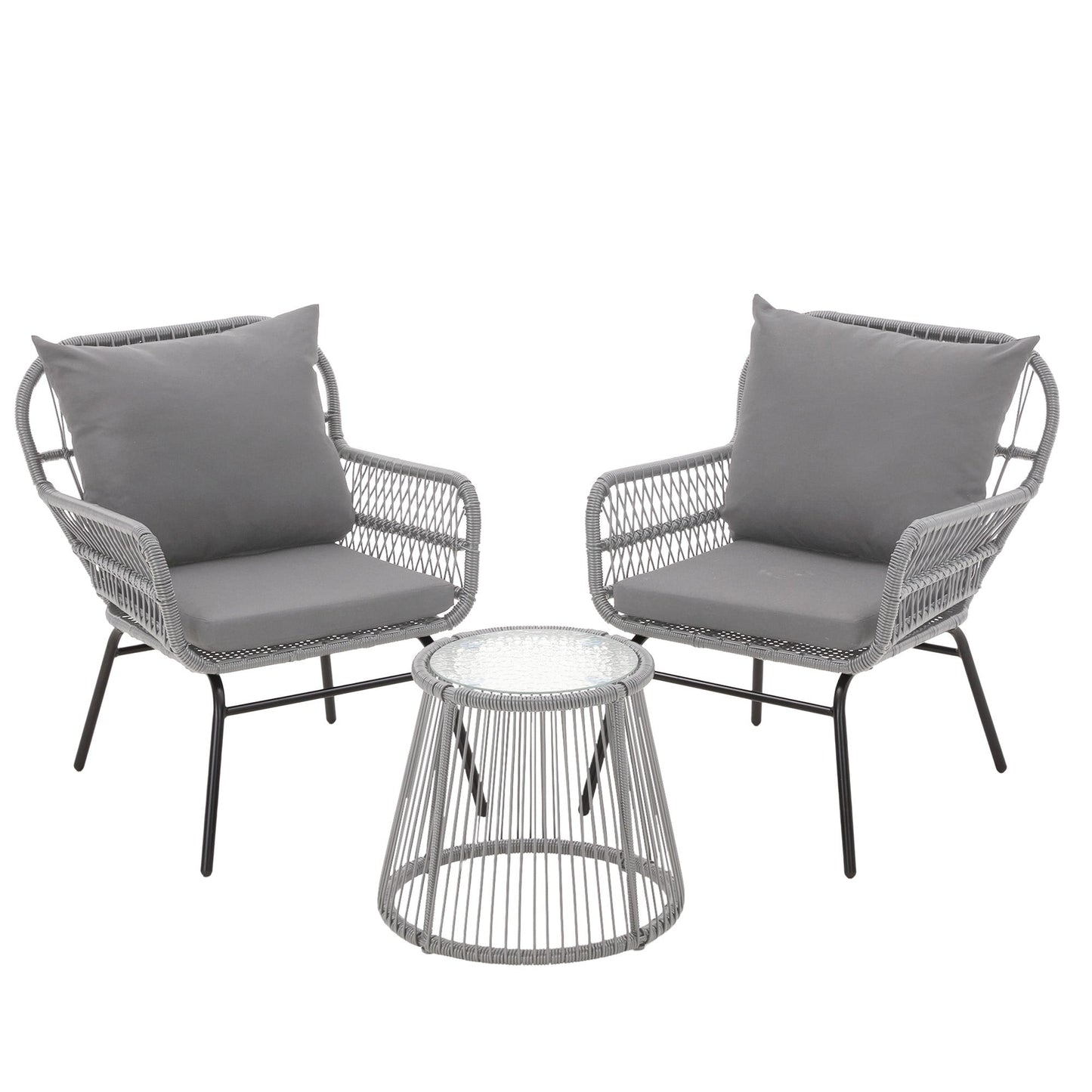 Set da conversazione per patio EROMMY da 3 pezzi con tavolo in vetro e 2 poltrone, cuscini per seduta