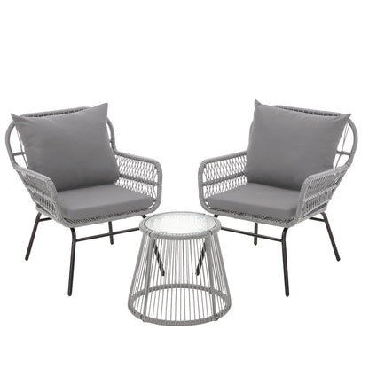 Set da conversazione per patio EROMMY da 3 pezzi con tavolo in vetro e 2 poltrone, cuscini per seduta