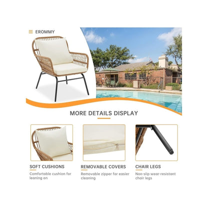 Set da conversazione per patio EROMMY da 3 pezzi con tavolo in vetro e 2 poltrone, cuscini per seduta