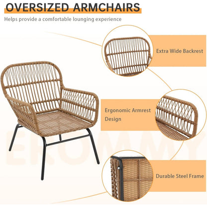 Set da conversazione per patio EROMMY da 3 pezzi con tavolo in vetro e 2 poltrone, cuscini per seduta
