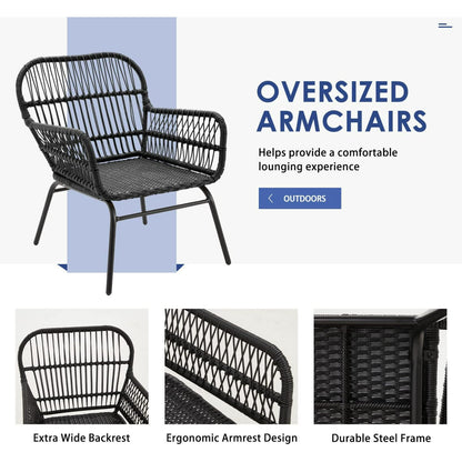 Set da conversazione per patio EROMMY da 3 pezzi con tavolo in vetro e 2 poltrone, cuscini per seduta