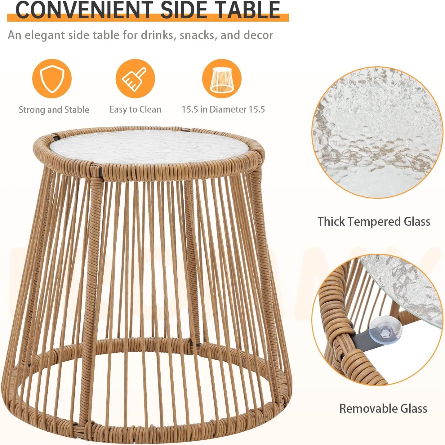 Set da conversazione per patio EROMMY da 3 pezzi con tavolo in vetro e 2 poltrone, cuscini per seduta