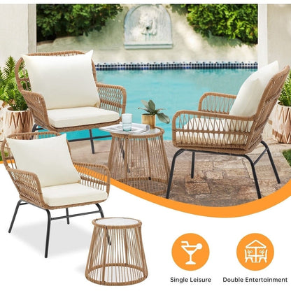 Set da conversazione per patio EROMMY da 3 pezzi con tavolo in vetro e 2 poltrone, cuscini per seduta