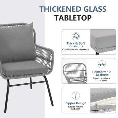 Set da conversazione per patio EROMMY da 3 pezzi con tavolo in vetro e 2 poltrone, cuscini per seduta