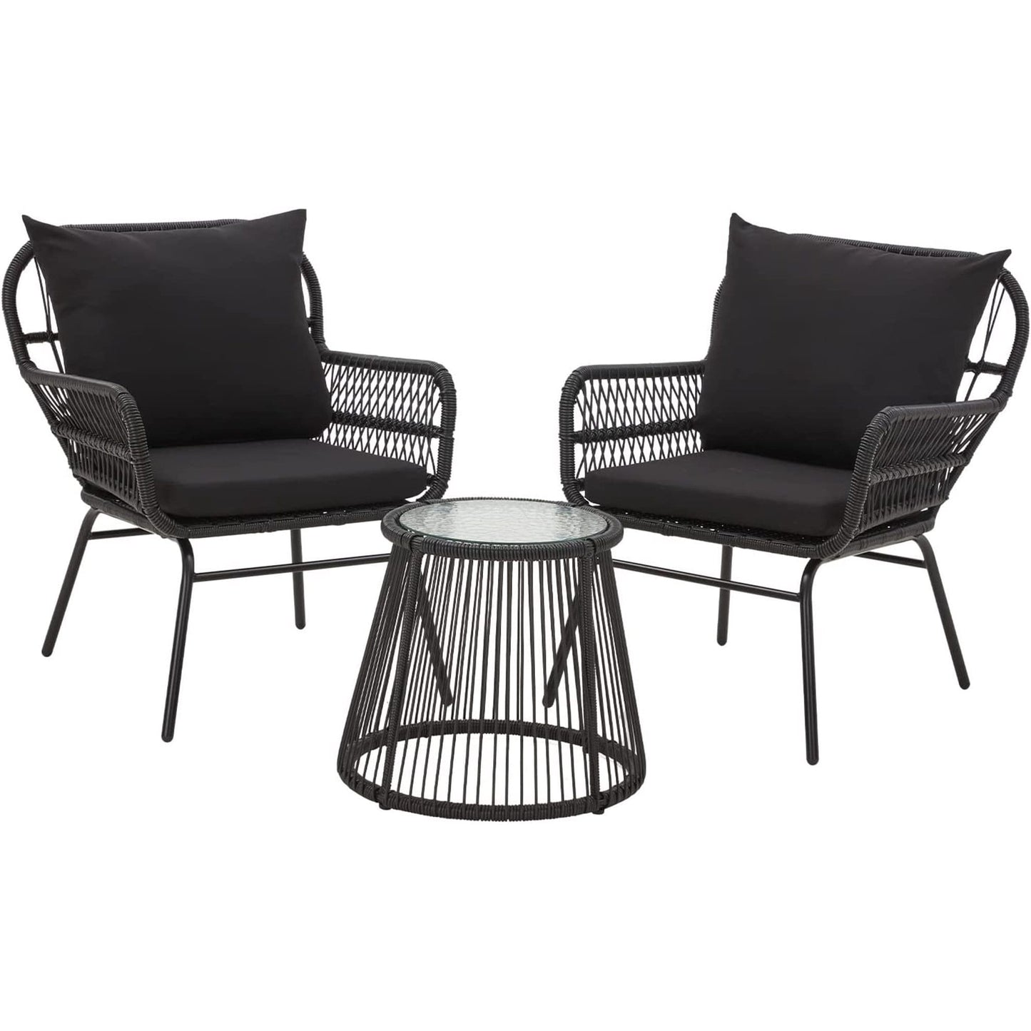 Set da conversazione per patio EROMMY da 3 pezzi con tavolo in vetro e 2 poltrone, cuscini per seduta