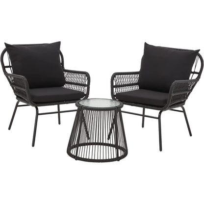 Set da conversazione per patio EROMMY da 3 pezzi con tavolo in vetro e 2 poltrone, cuscini per seduta