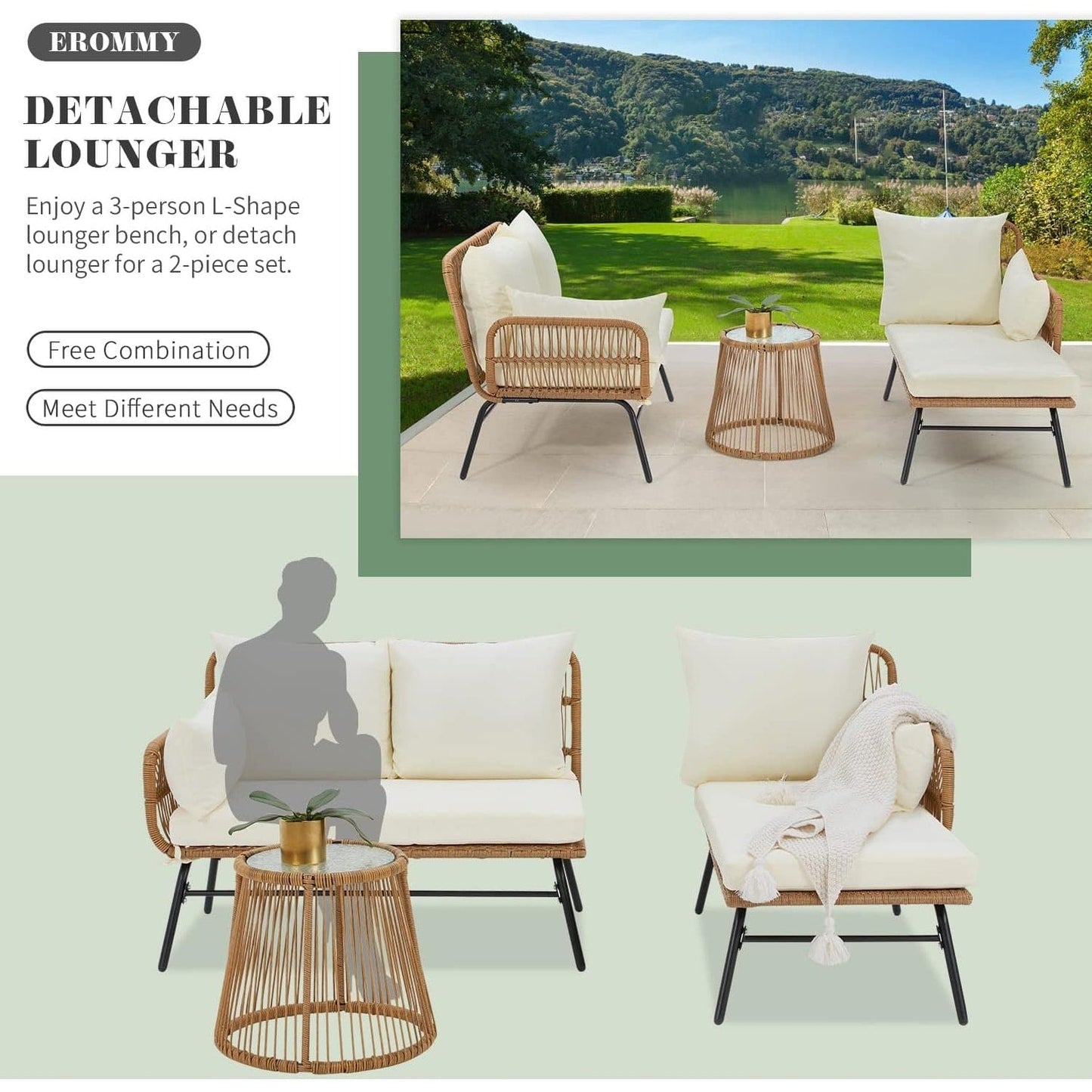 Set di divani componibili in vimini per conversazioni, set di mobili da giardino da 3 pezzi con cuscini spessi e tavolino da caffè in vetro temperato