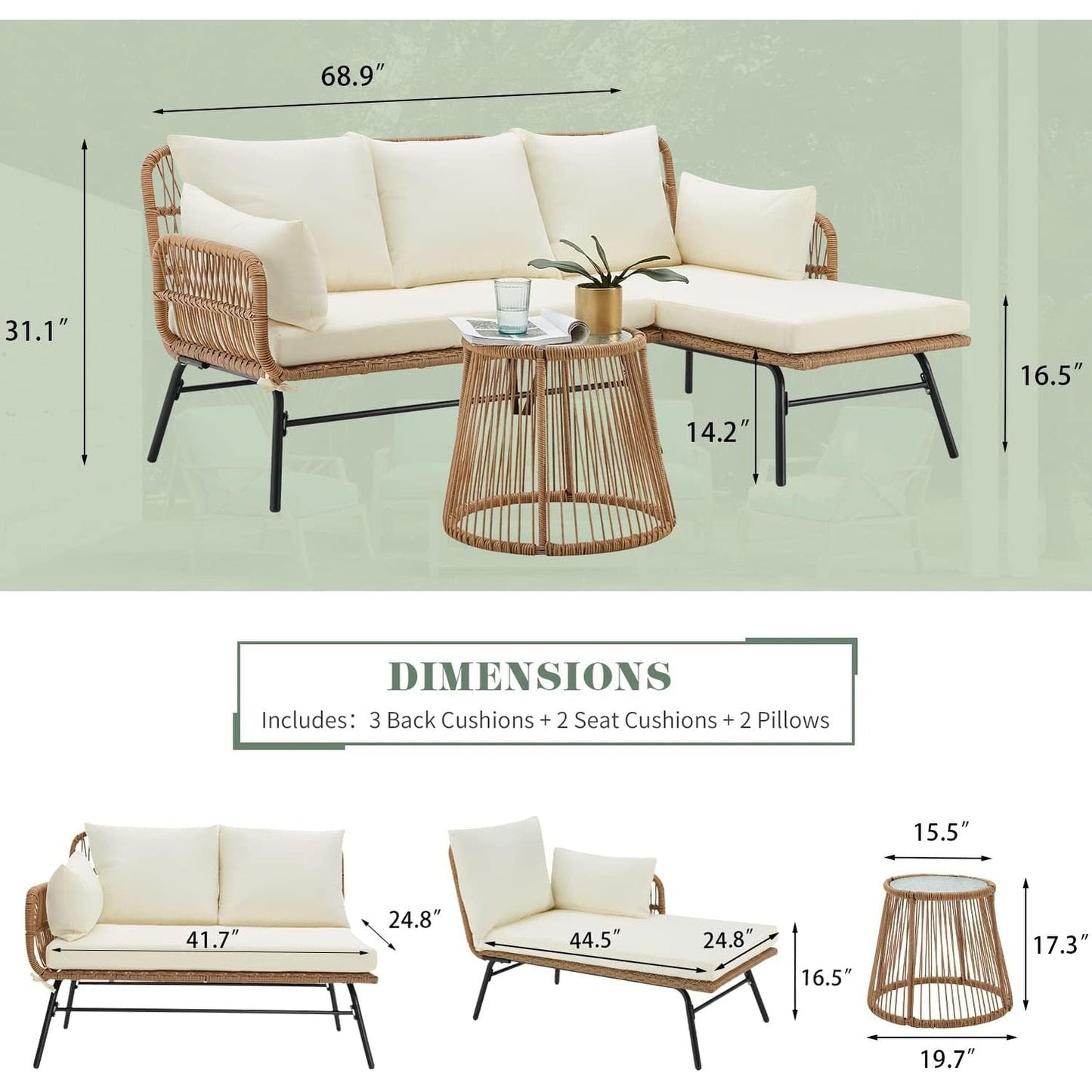 Set di divani componibili in vimini per conversazioni, set di mobili da giardino da 3 pezzi con cuscini spessi e tavolino da caffè in vetro temperato