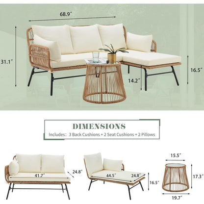 Set di divani componibili in vimini per conversazioni, set di mobili da giardino da 3 pezzi con cuscini spessi e tavolino da caffè in vetro temperato