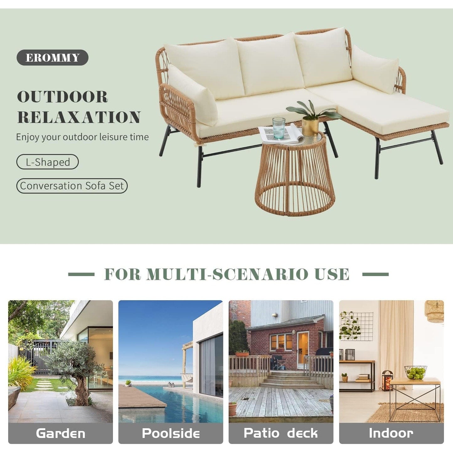 Set di divani componibili in vimini per conversazioni, set di mobili da giardino da 3 pezzi con cuscini spessi e tavolino da caffè in vetro temperato