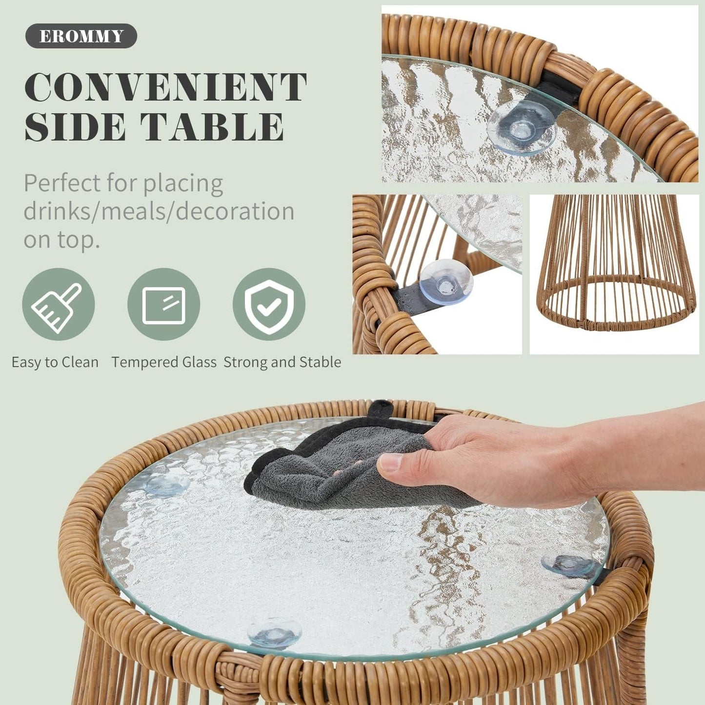 Set di divani componibili in vimini per conversazioni, set di mobili da giardino da 3 pezzi con cuscini spessi e tavolino da caffè in vetro temperato