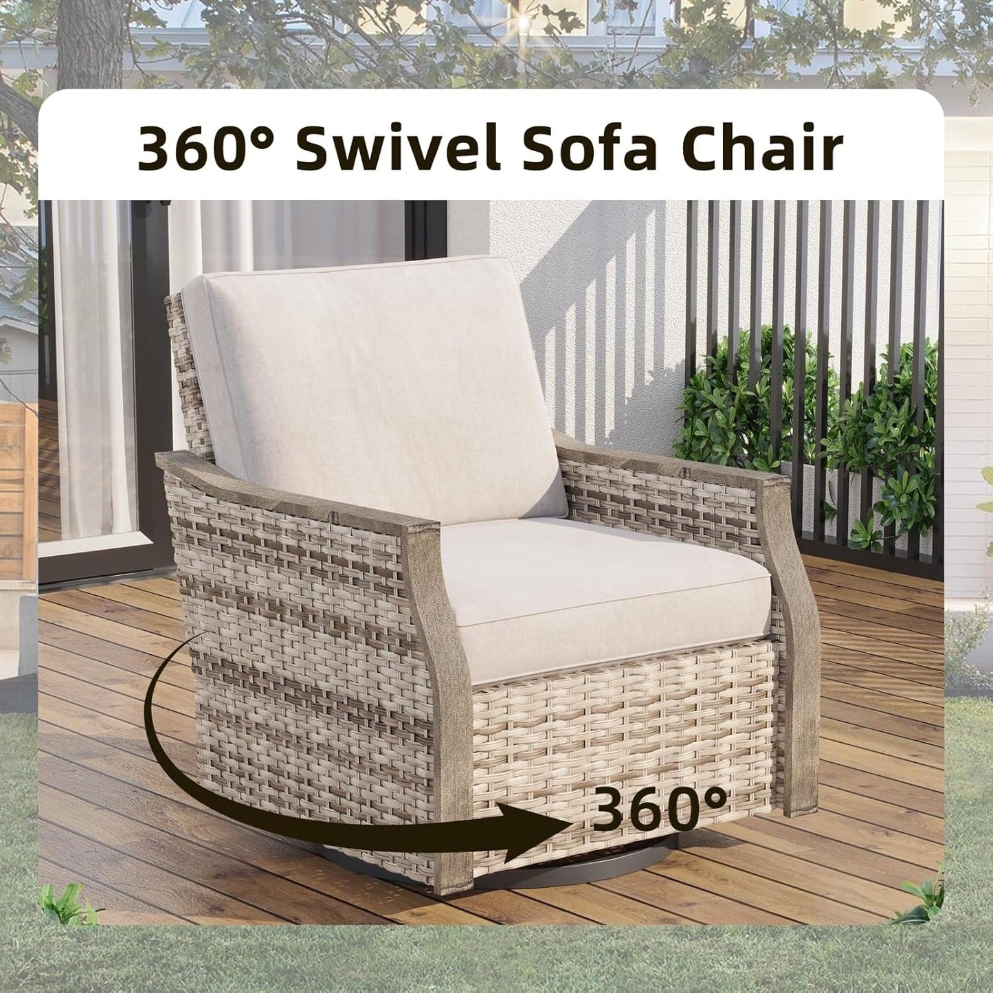 EROMMY Set di mobili da giardino da 4 pezzi con sedie a dondolo girevoli, set da conversazione in vimini per esterni con divano a 3 posti e tavolino da caffè