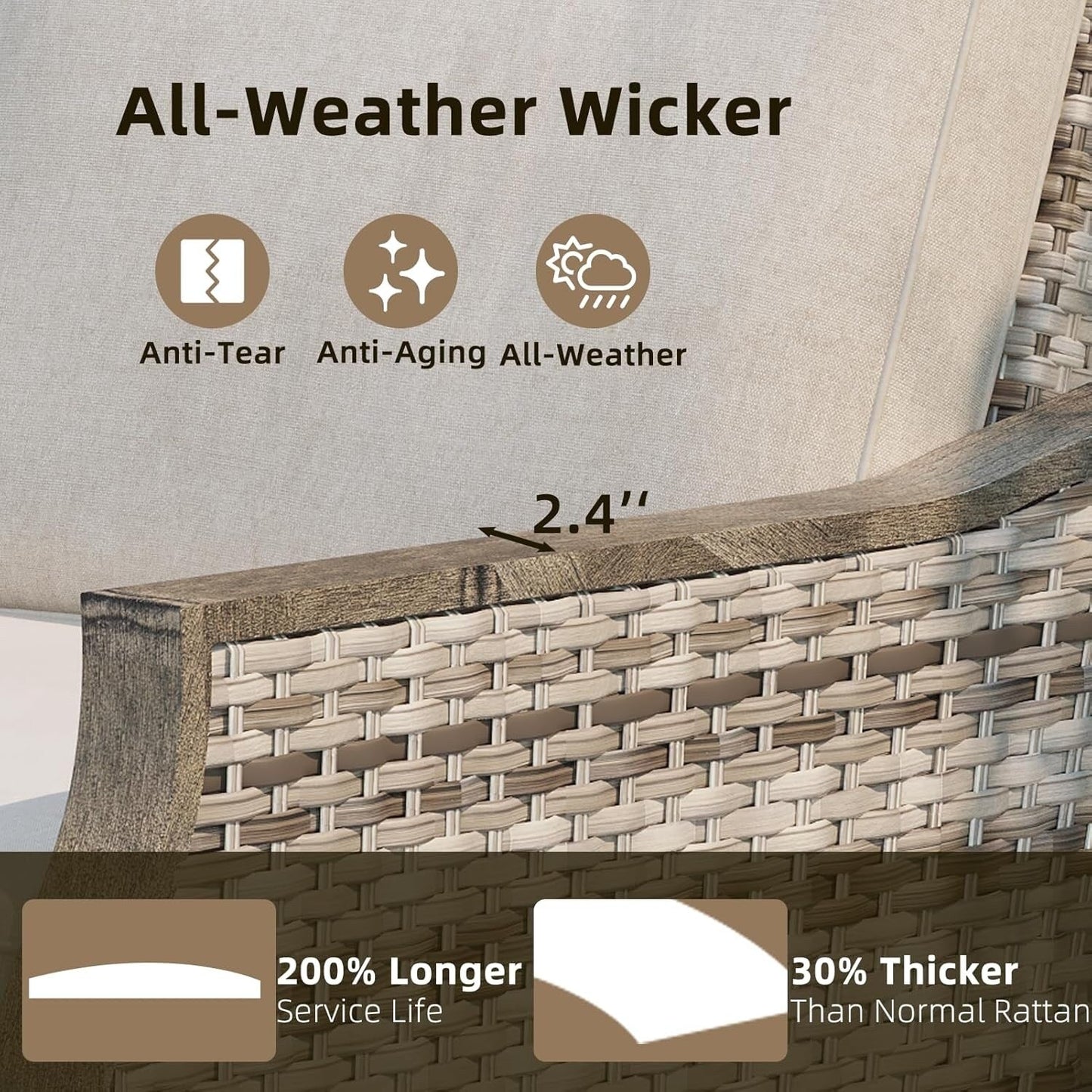 EROMMY Set di mobili da giardino da 4 pezzi con sedie a dondolo girevoli, set da conversazione in vimini per esterni con divano a 3 posti e tavolino da caffè