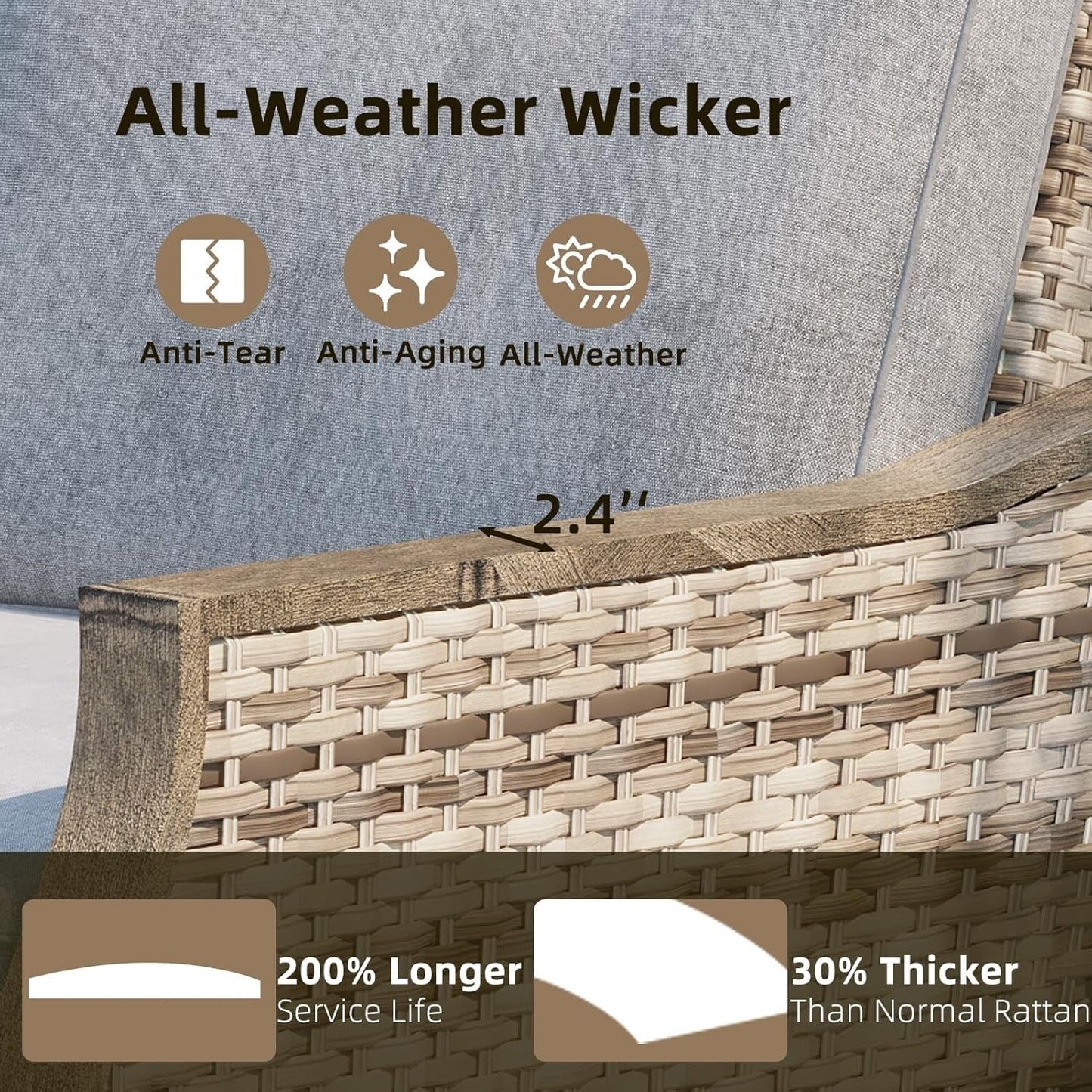 EROMMY Set di mobili da giardino da 4 pezzi con sedie a dondolo girevoli, set da conversazione in vimini per esterni con divano a 3 posti e tavolino da caffè