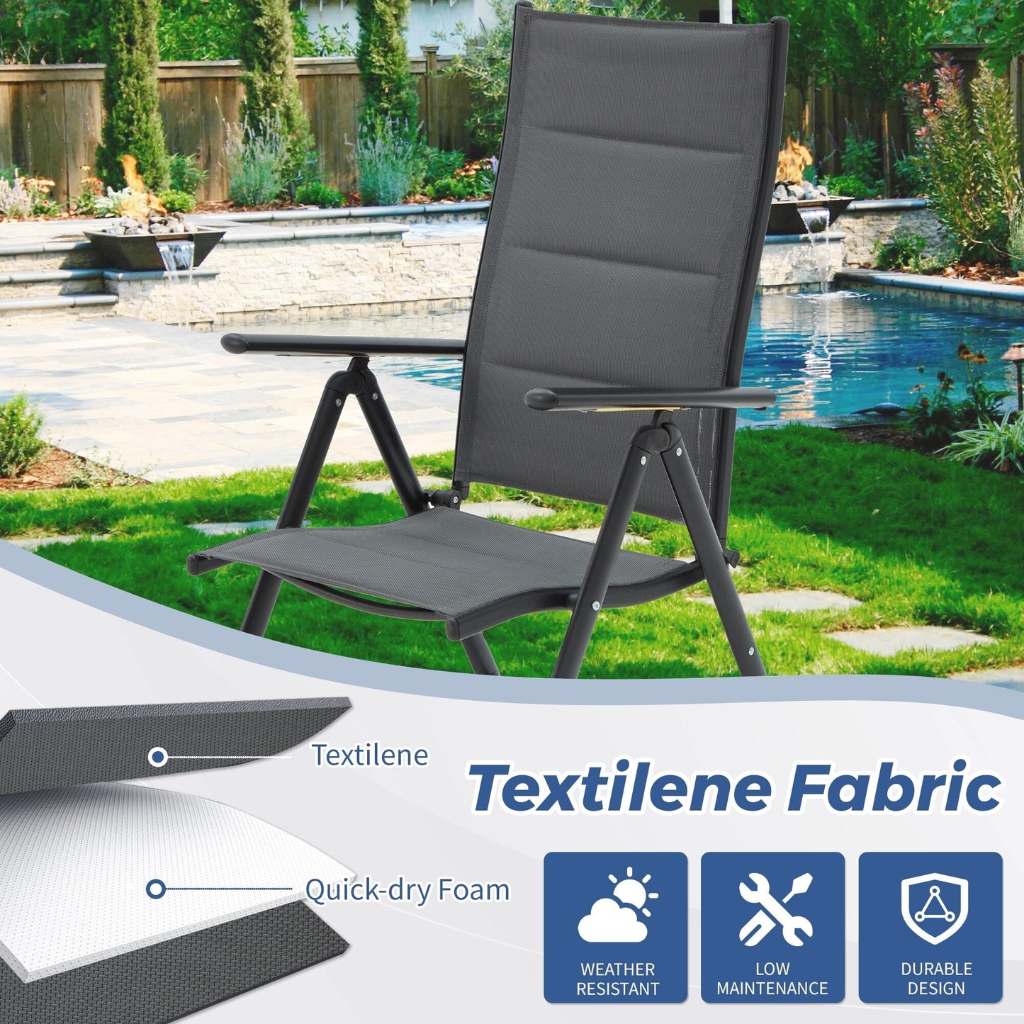 Set da pranzo da giardino EROMMY da 7 pezzi con sedie pieghevoli e tavolo in alluminio, mobili da esterno per cortile, terrazza o balcone.