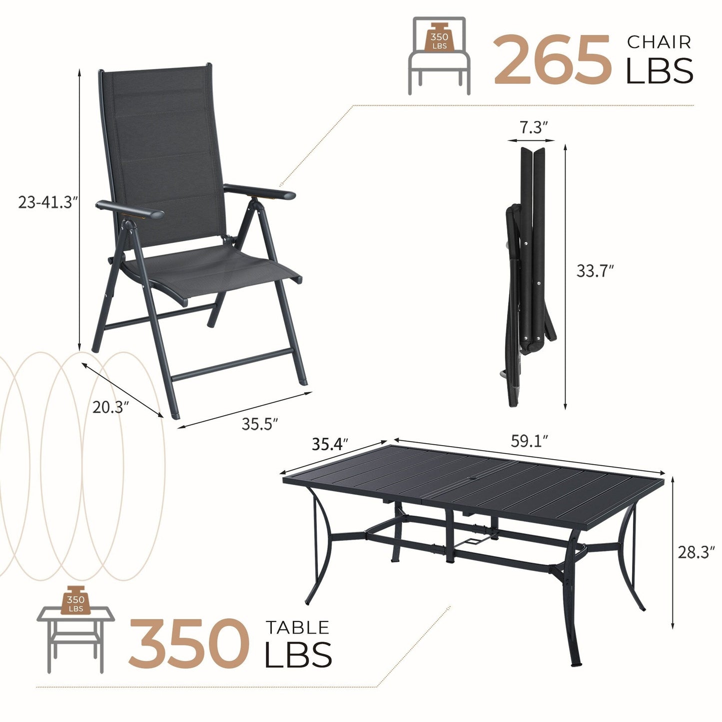 Set da pranzo da giardino EROMMY da 7 pezzi con sedie pieghevoli e tavolo in alluminio, mobili da esterno per cortile, terrazza o balcone.