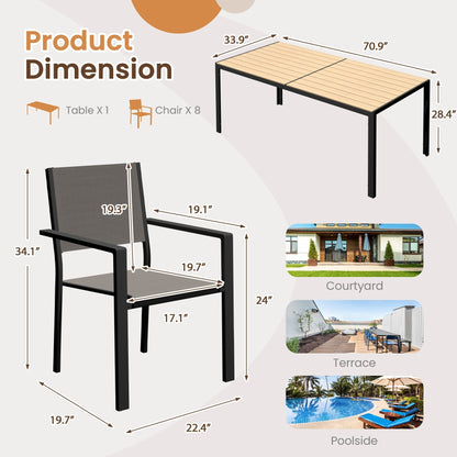 Set da pranzo per esterni con tavolo e sedie impilabili in textilene, piano del tavolo in WPC resistente da 5 pezzi e struttura antiruggine per patio