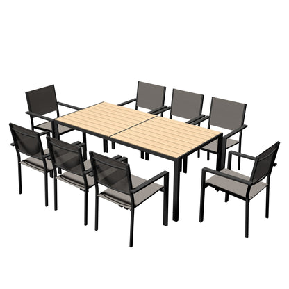 Set da pranzo per esterni con tavolo e sedie impilabili in textilene, piano del tavolo in WPC resistente da 5 pezzi e struttura antiruggine per patio