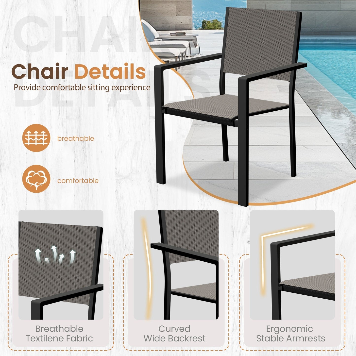 Set da pranzo per esterni con tavolo e sedie impilabili in textilene, piano del tavolo in WPC resistente da 5 pezzi e struttura antiruggine per patio