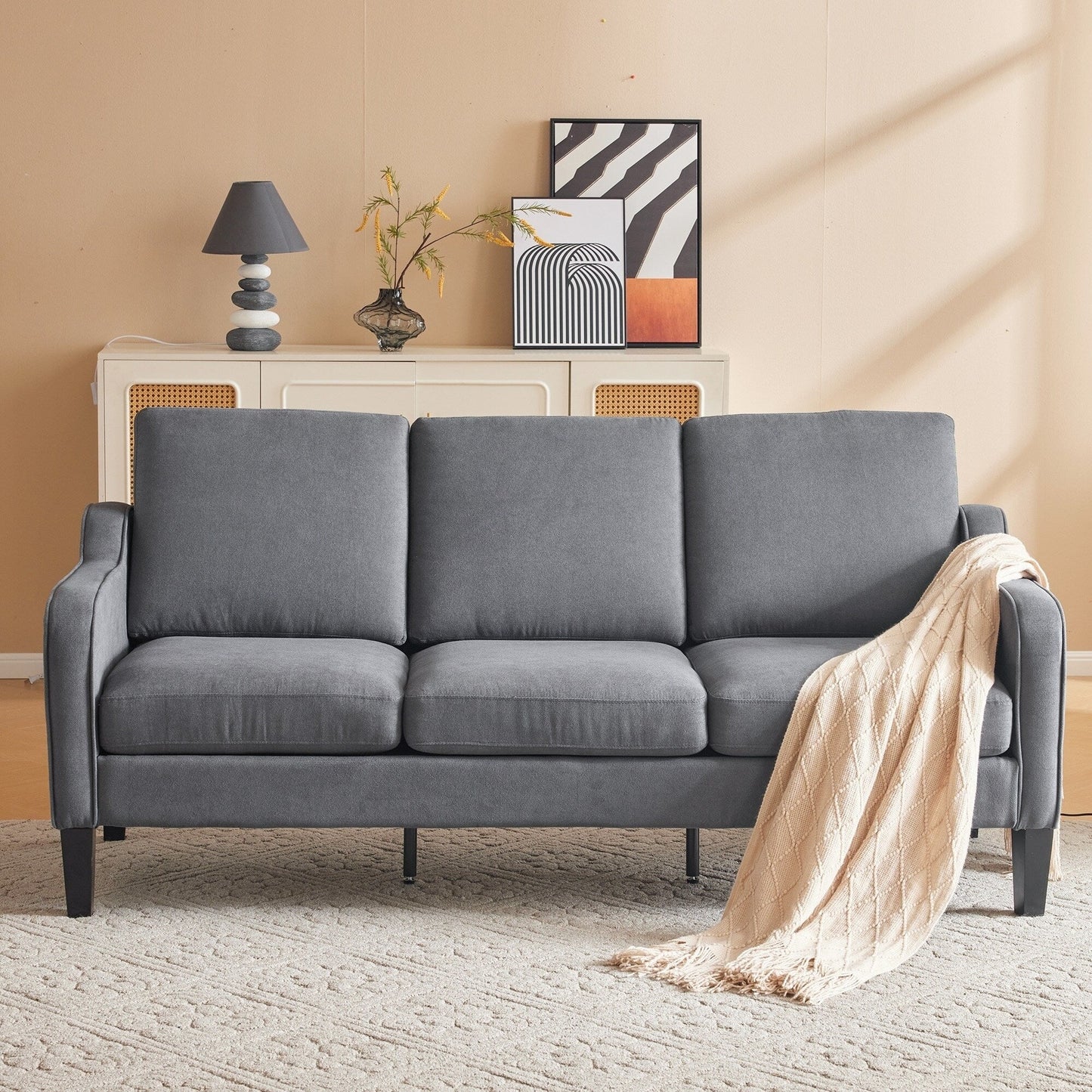 Divano moderno in tessuto a 3 posti EROMMY, divano ergonomico per soggiorno con cuscini lavabili e gambe in legno massello, grigio o beige