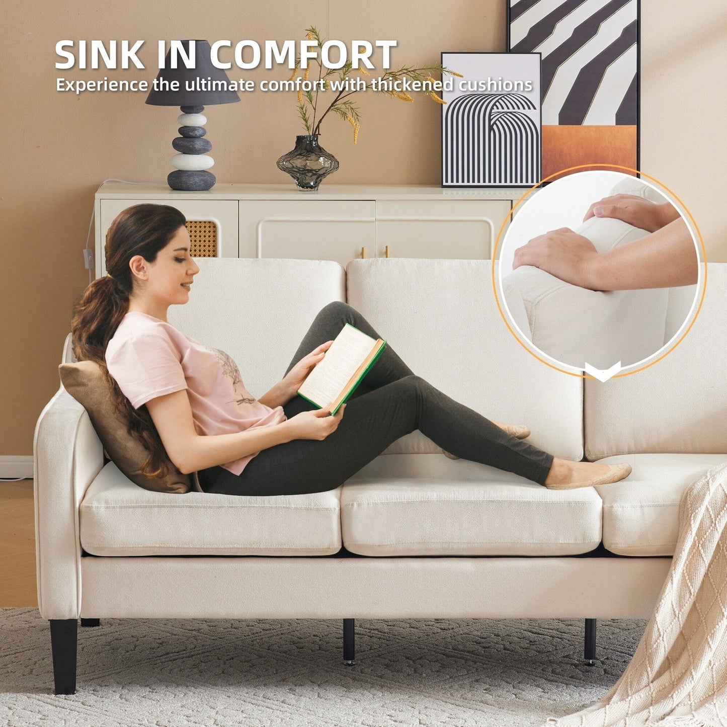 Divano moderno in tessuto a 3 posti EROMMY, divano ergonomico per soggiorno con cuscini lavabili e gambe in legno massello, grigio o beige