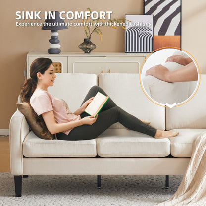 Divano moderno in tessuto a 3 posti EROMMY, divano ergonomico per soggiorno con cuscini lavabili e gambe in legno massello, grigio o beige