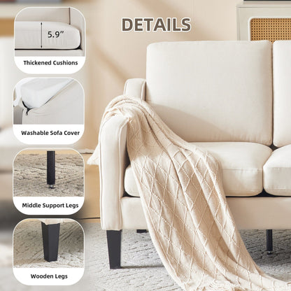 Divano moderno in tessuto a 3 posti EROMMY, divano ergonomico per soggiorno con cuscini lavabili e gambe in legno massello, grigio o beige