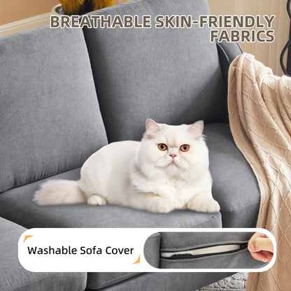 Divano moderno in tessuto a 3 posti EROMMY, divano ergonomico per soggiorno con cuscini lavabili e gambe in legno massello, grigio o beige