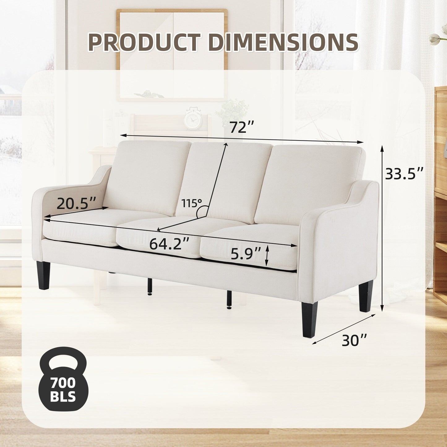 Divano moderno in tessuto a 3 posti EROMMY, divano ergonomico per soggiorno con cuscini lavabili e gambe in legno massello, grigio o beige