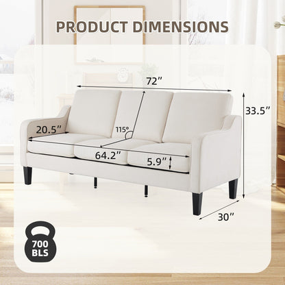 Divano moderno in tessuto a 3 posti EROMMY, divano ergonomico per soggiorno con cuscini lavabili e gambe in legno massello, grigio o beige