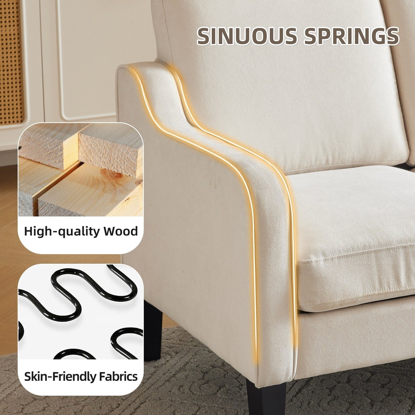 Divano moderno in tessuto a 3 posti EROMMY, divano ergonomico per soggiorno con cuscini lavabili e gambe in legno massello, grigio o beige