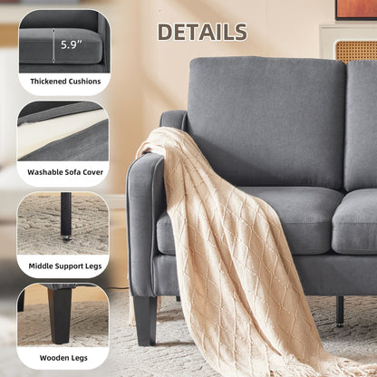 Divano moderno in tessuto a 3 posti EROMMY, divano ergonomico per soggiorno con cuscini lavabili e gambe in legno massello, grigio o beige