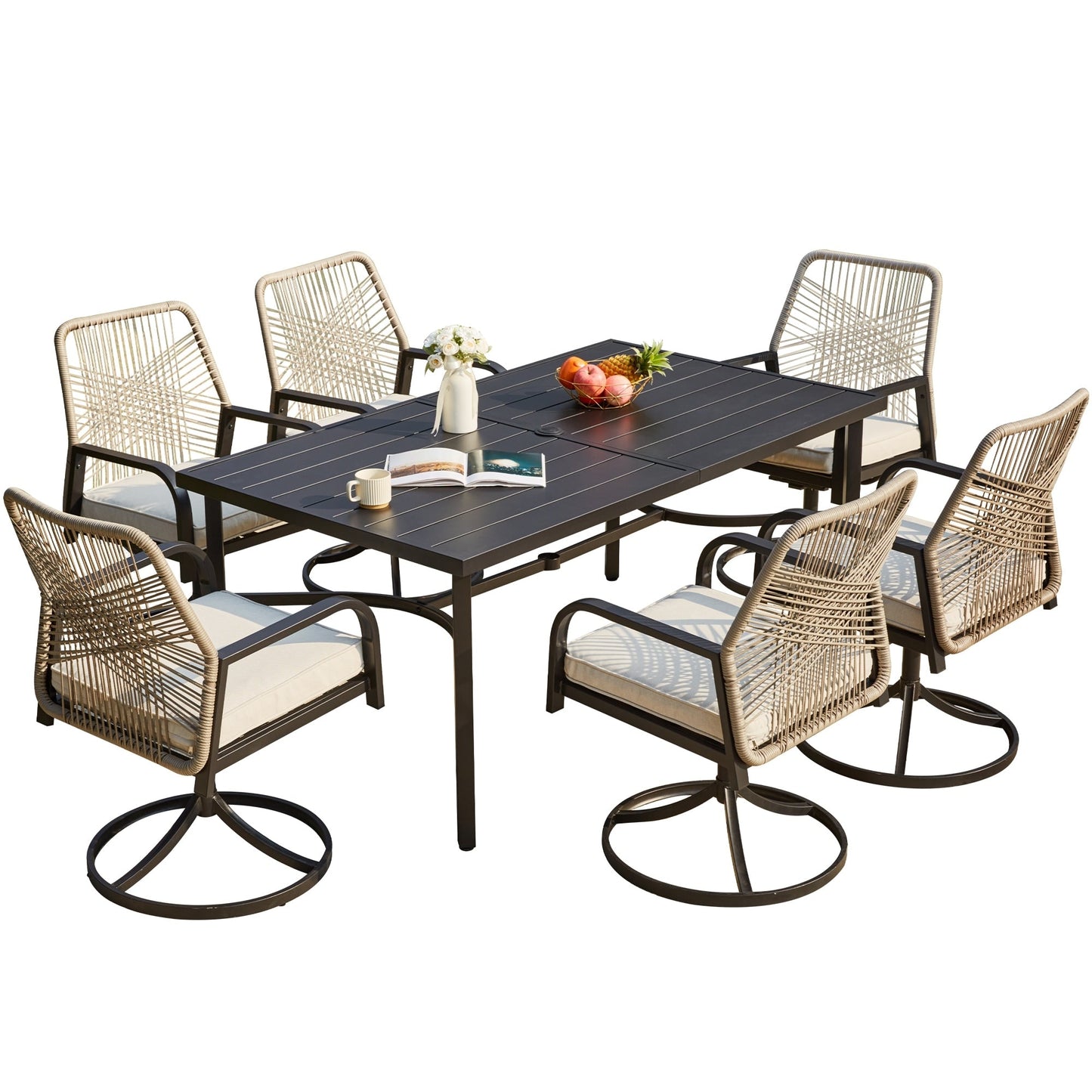 Set da pranzo per esterni, sedie girevoli in rattan con cuscino spesso rimovibile, tavolo da pranzo con foro per ombrellone, set di mobili da giardino