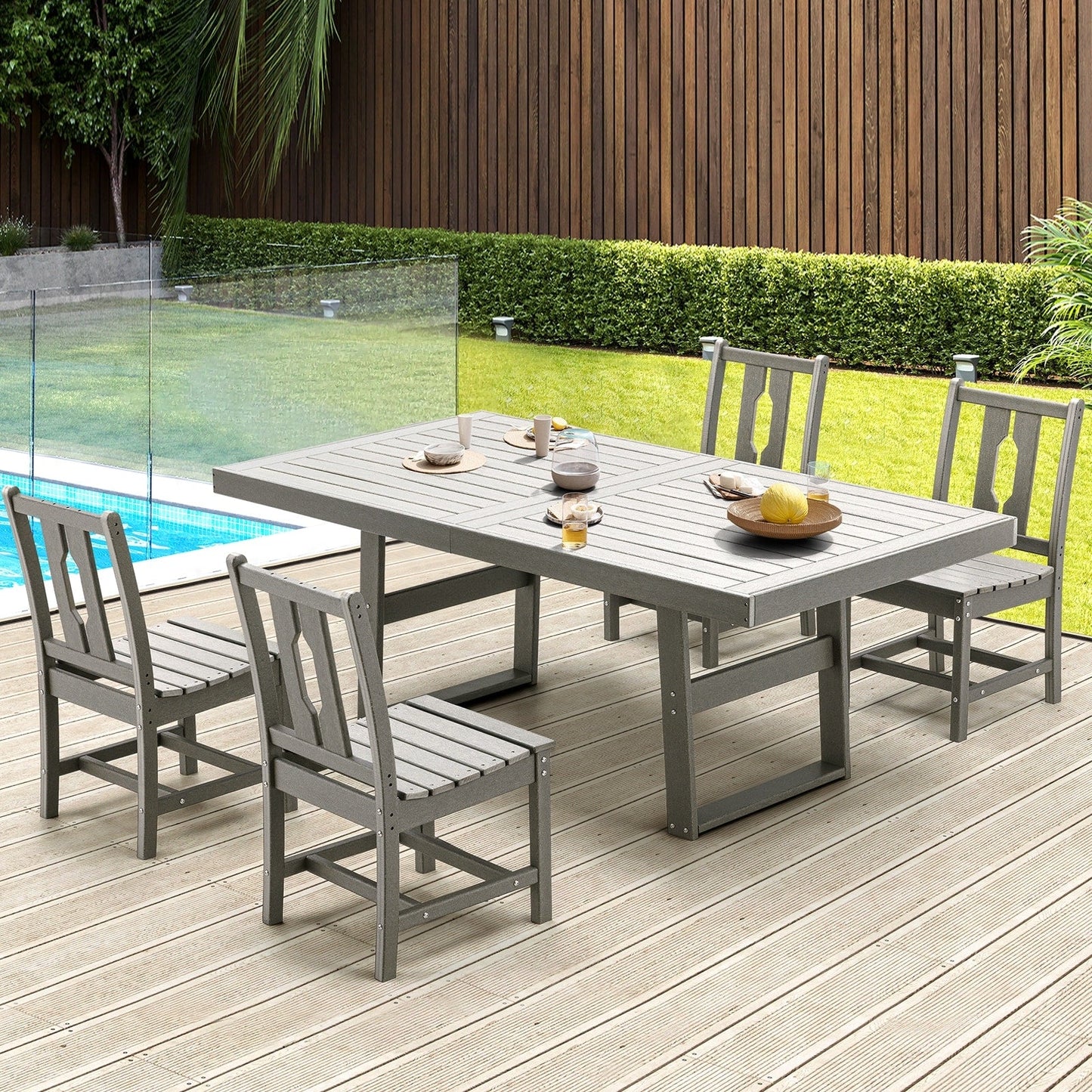 Set da pranzo versatili per esterni con sedie girevoli/pieghevoli e tavolo con doghe in acciaio e set da pranzo in HDPE per giardini e patii