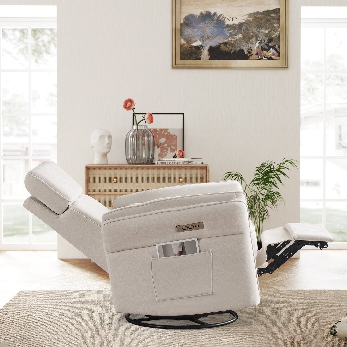 Poltrona reclinabile girevole elettrica EROMMY con poggiatesta e braccioli regolabili, ricarica USB e Type-C, poltrona reclinabile per bambini