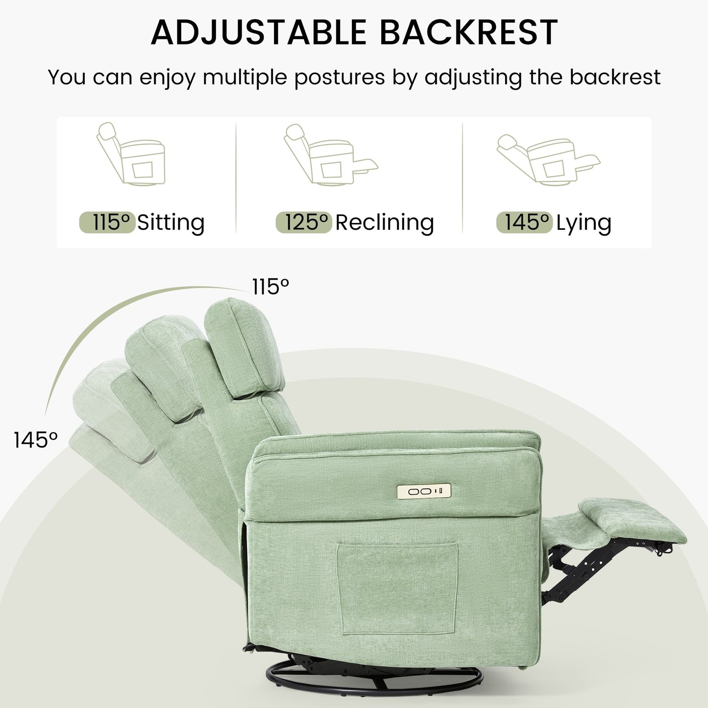 Poltrona reclinabile girevole elettrica EROMMY con poggiatesta e braccioli regolabili, ricarica USB e Type-C, poltrona reclinabile per bambini