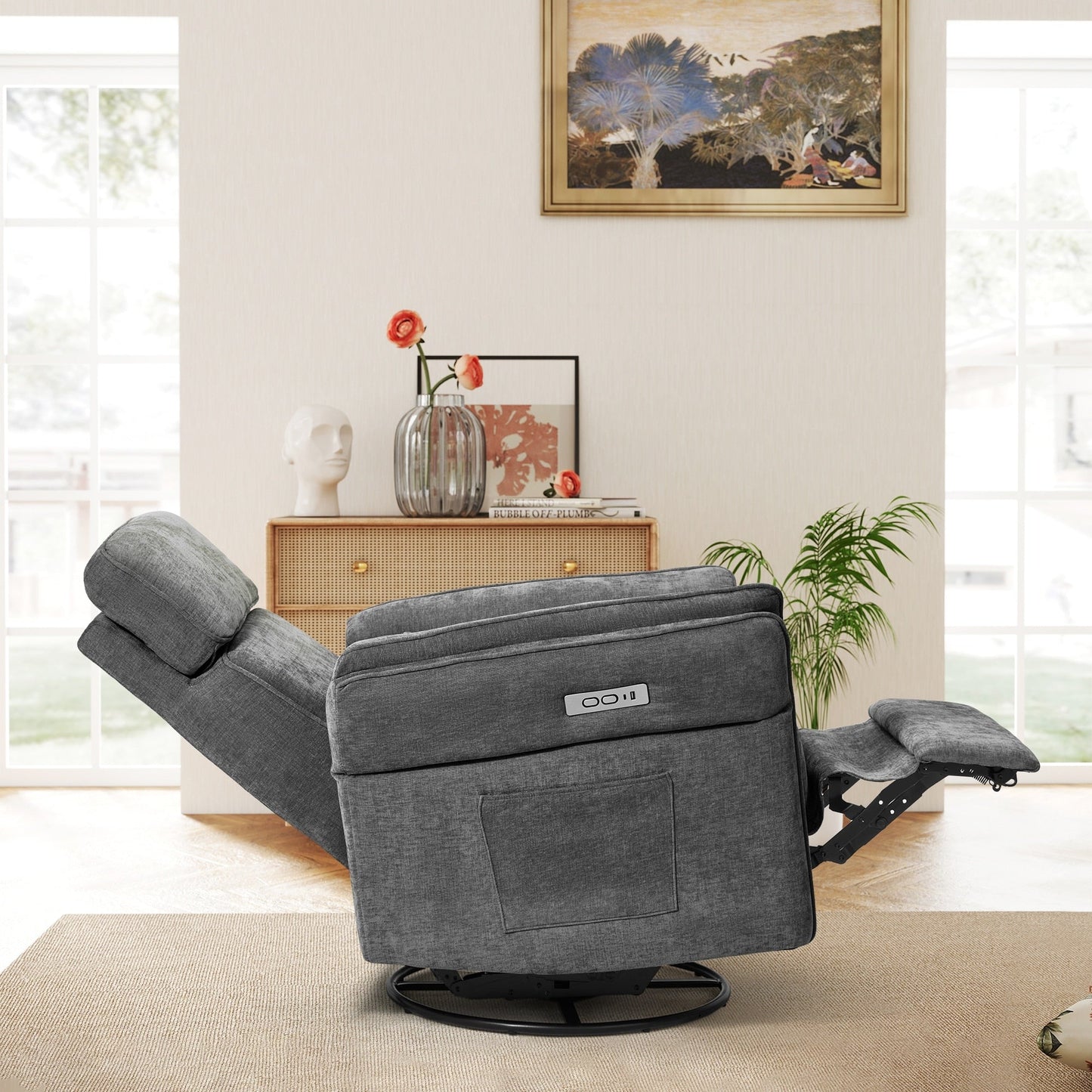 Poltrona reclinabile girevole elettrica EROMMY con poggiatesta e braccioli regolabili, ricarica USB e Type-C, poltrona reclinabile per bambini