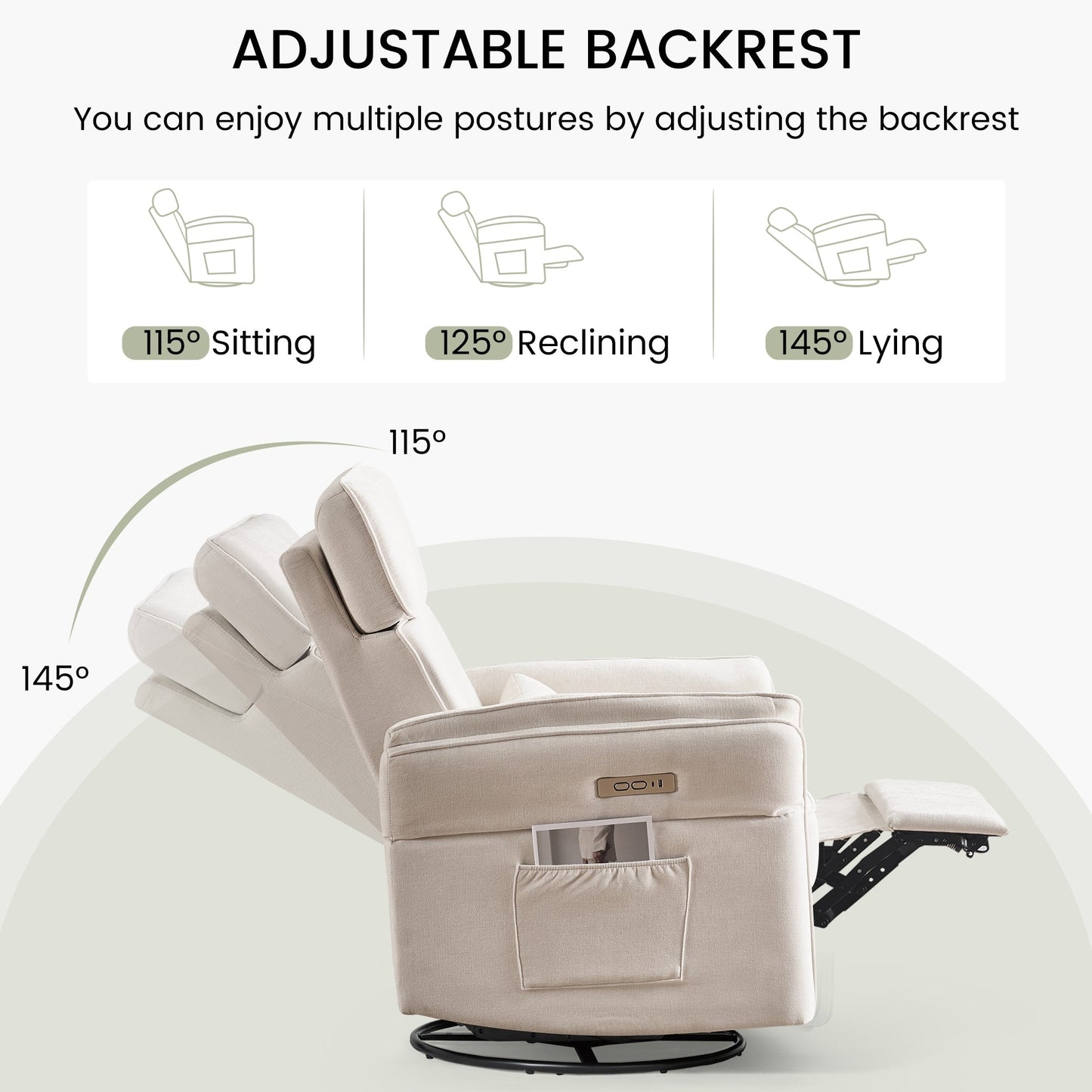 Poltrona reclinabile girevole elettrica EROMMY con poggiatesta e braccioli regolabili, ricarica USB e Type-C, poltrona reclinabile per bambini