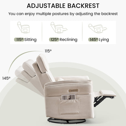 Poltrona reclinabile girevole elettrica EROMMY con poggiatesta e braccioli regolabili, ricarica USB e Type-C, poltrona reclinabile per bambini