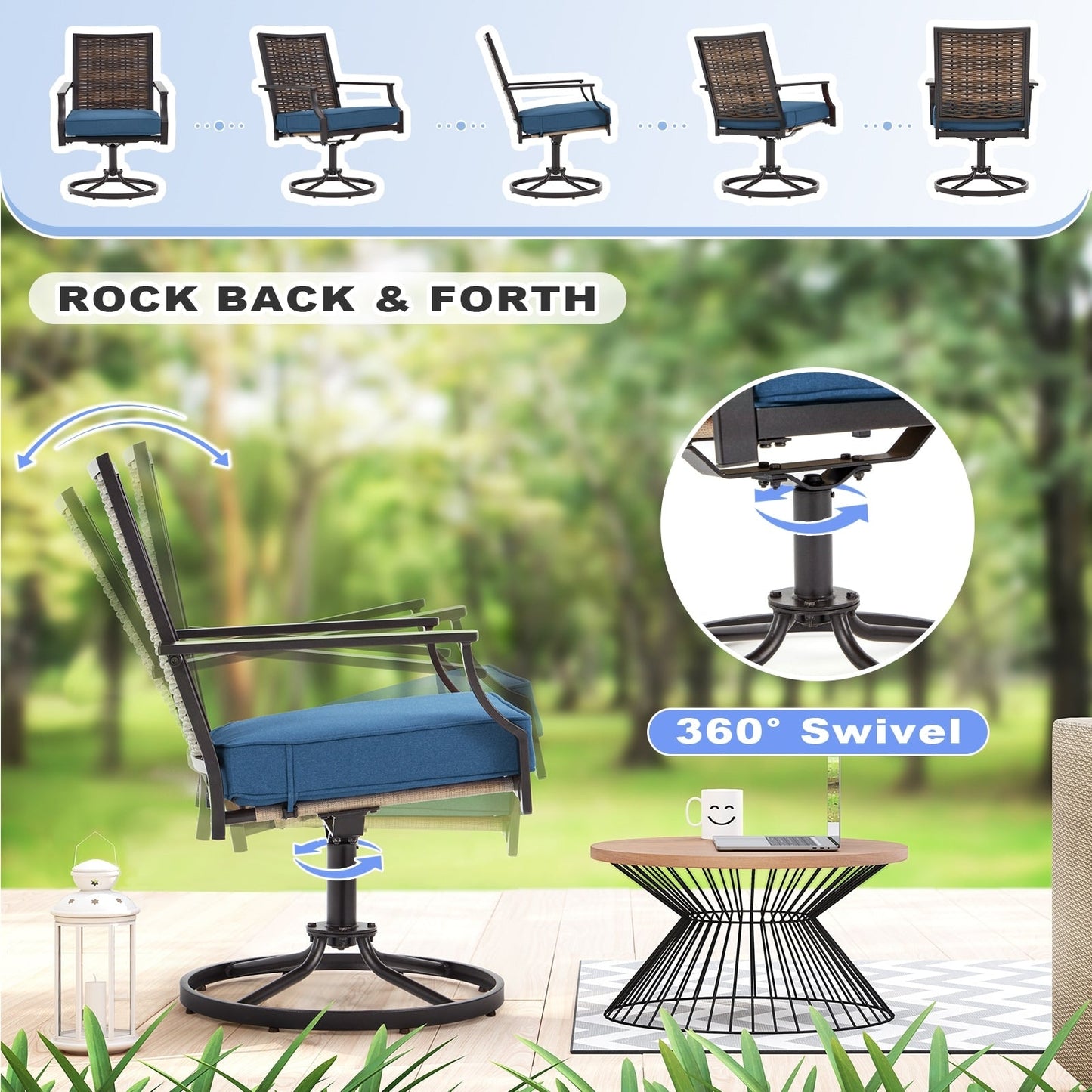 EROMMY Set di 2 sedie girevoli da pranzo per patio, sedia girevole in vimini e alluminio per esterni, sedia a dondolo girevole con struttura in alluminio resistente alle intemperie