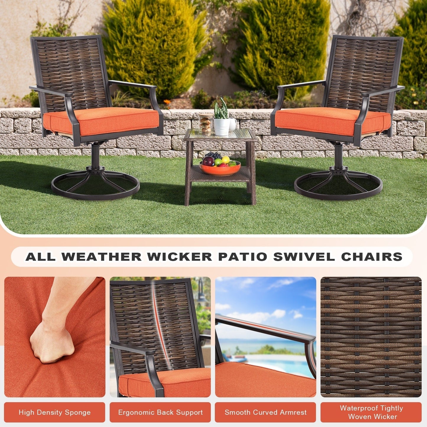 EROMMY Set di 2 sedie girevoli da pranzo per patio, sedia girevole in vimini e alluminio per esterni, sedia a dondolo girevole con struttura in alluminio resistente alle intemperie