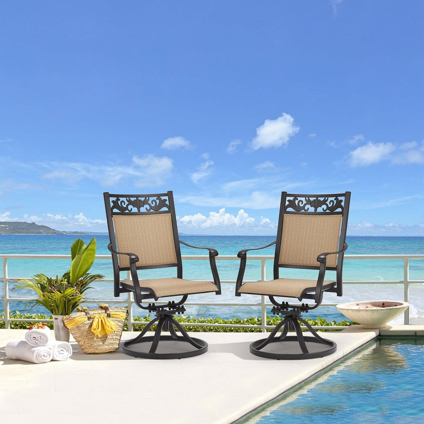EROMMY Set di 2 sedie girevoli da pranzo per patio, sedia girevole in vimini e alluminio per esterni, sedia a dondolo girevole con struttura in alluminio resistente alle intemperie