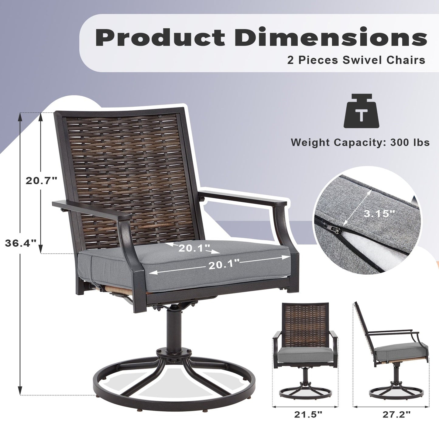 EROMMY Set di 2 sedie girevoli da pranzo per patio, sedia girevole in vimini e alluminio per esterni, sedia a dondolo girevole con struttura in alluminio resistente alle intemperie