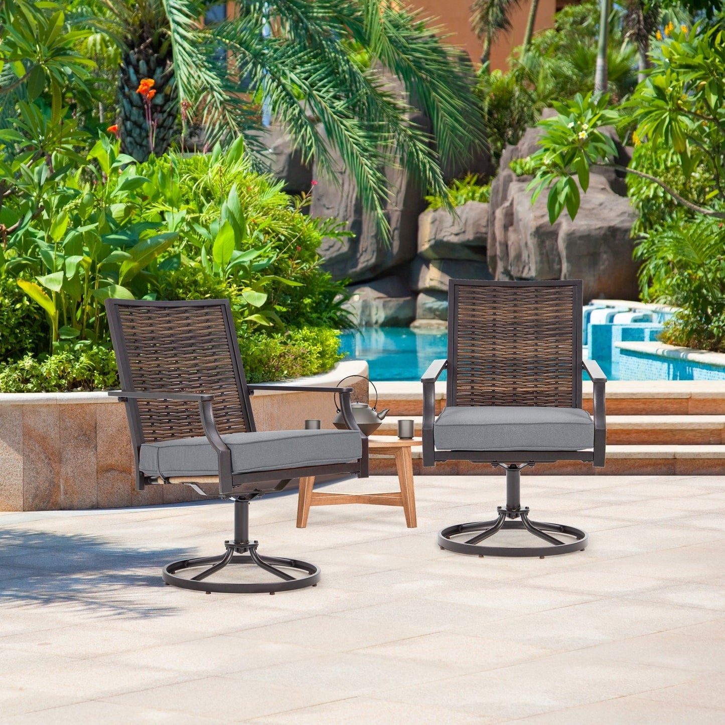 EROMMY Set di 2 sedie girevoli da pranzo per patio, sedia girevole in vimini e alluminio per esterni, sedia a dondolo girevole con struttura in alluminio resistente alle intemperie
