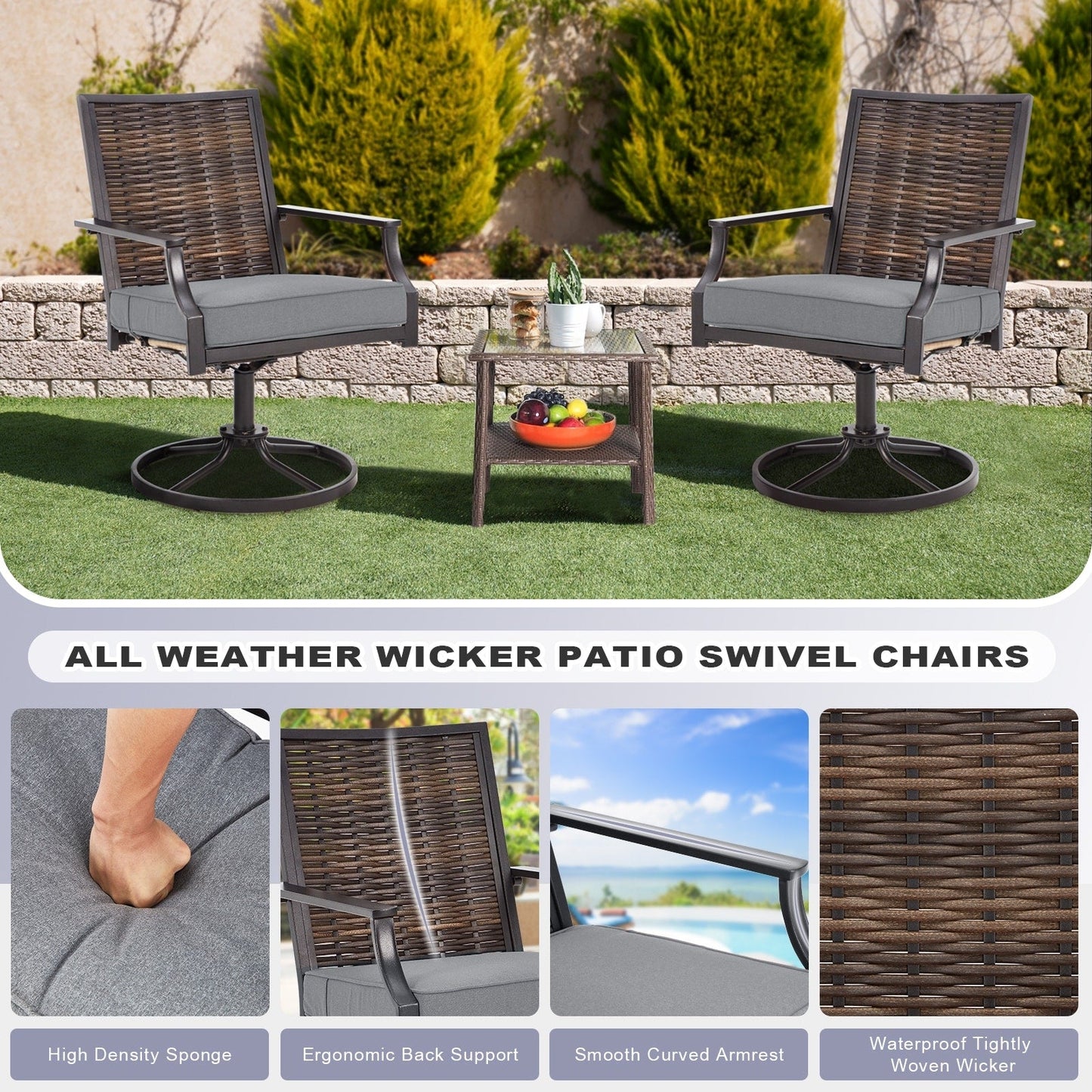 EROMMY Set di 2 sedie girevoli da pranzo per patio, sedia girevole in vimini e alluminio per esterni, sedia a dondolo girevole con struttura in alluminio resistente alle intemperie