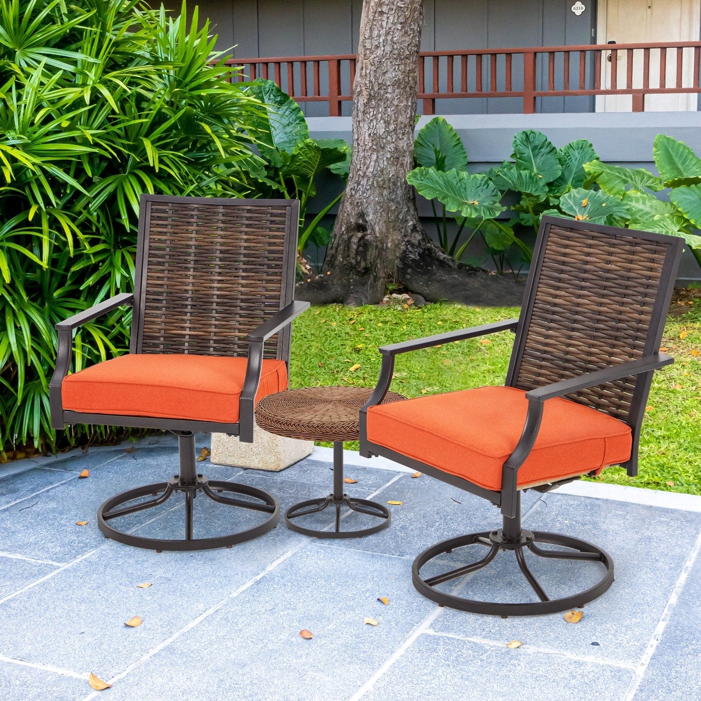 EROMMY Set di 2 sedie girevoli da pranzo per patio, sedia girevole in vimini e alluminio per esterni, sedia a dondolo girevole con struttura in alluminio resistente alle intemperie