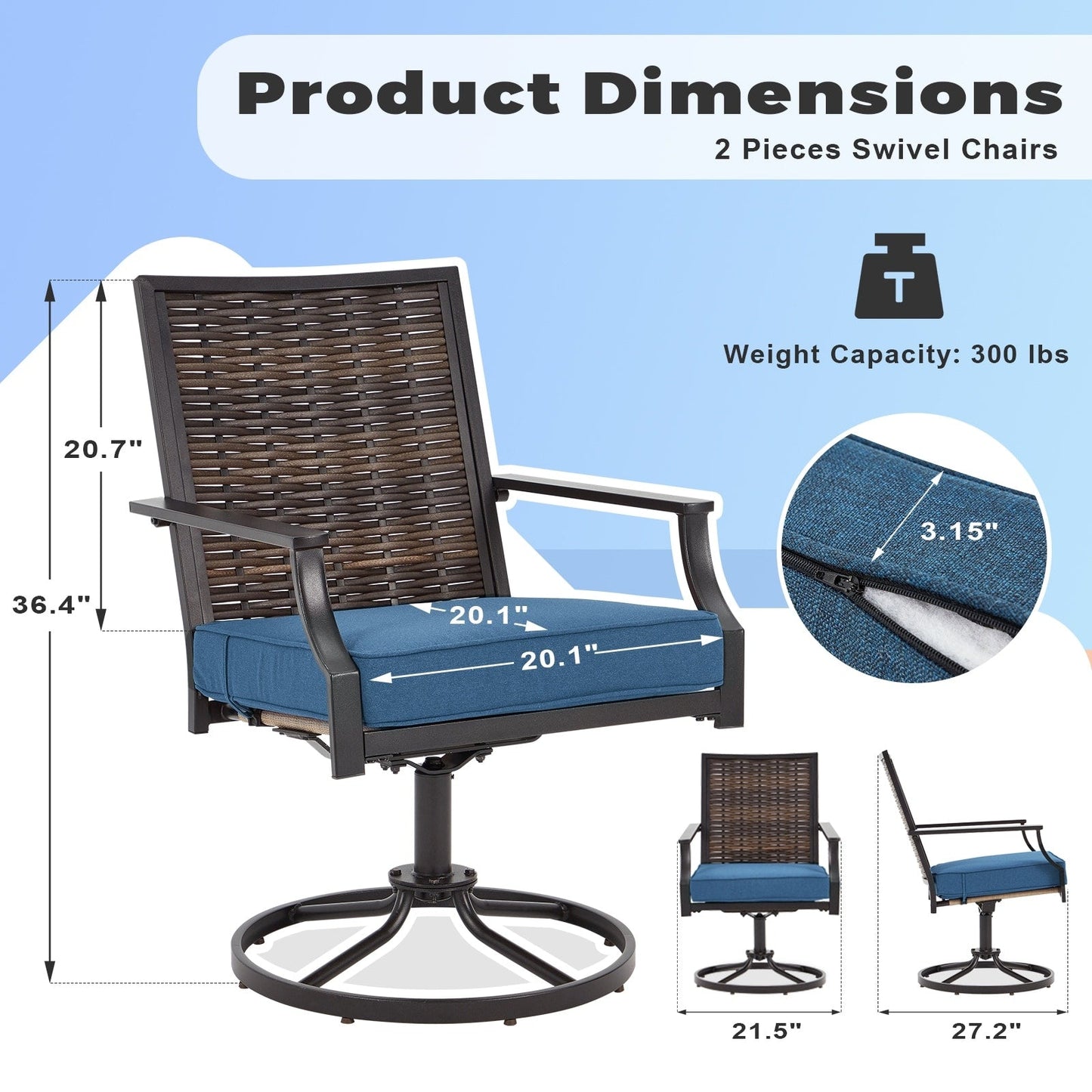 EROMMY Set di 2 sedie girevoli da pranzo per patio, sedia girevole in vimini e alluminio per esterni, sedia a dondolo girevole con struttura in alluminio resistente alle intemperie