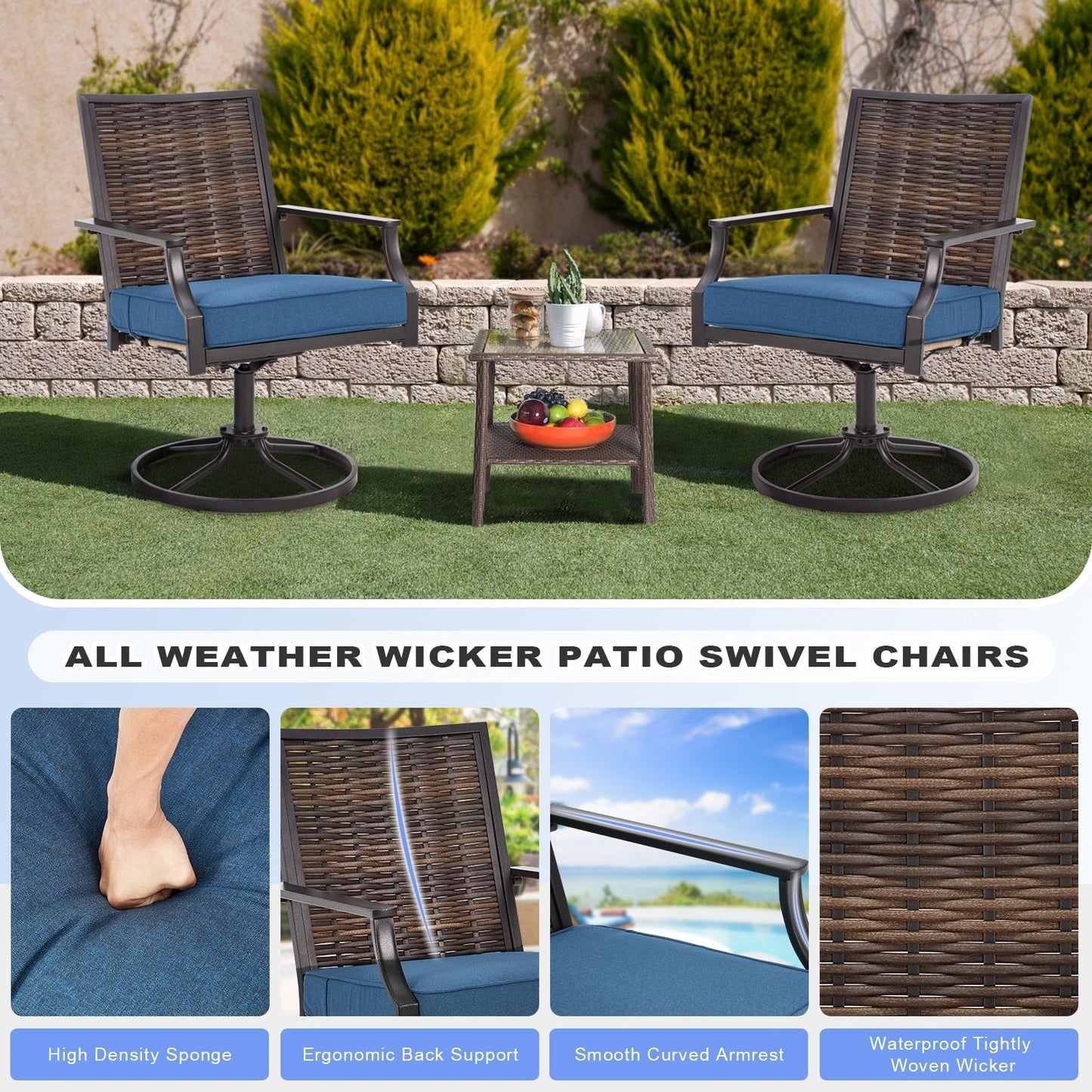 EROMMY Set di 2 sedie girevoli da pranzo per patio, sedia girevole in vimini e alluminio per esterni, sedia a dondolo girevole con struttura in alluminio resistente alle intemperie